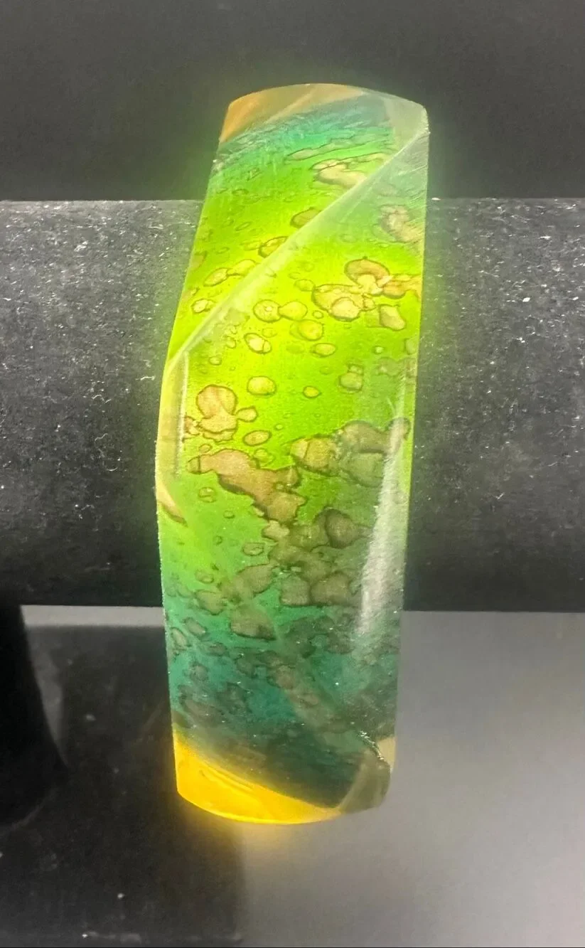 Artisan Resin Bangle Bracelet Green Teal Gold abstract wide statement cuff